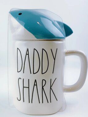 Rae Dunn By Magenta Daddy Shark With Lid Coffee Tea Mug 20 oz